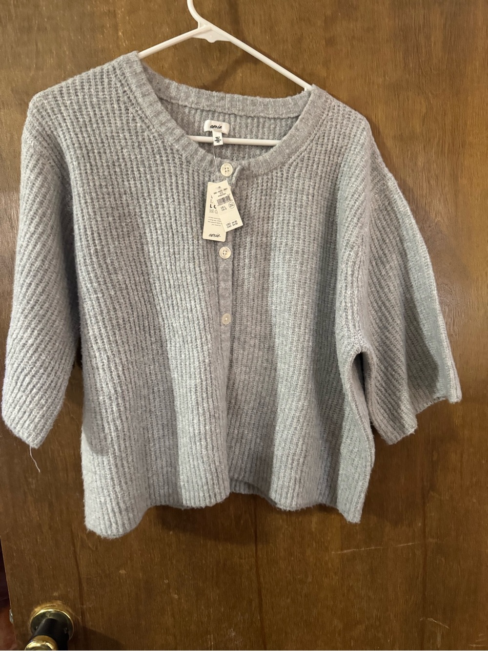 aerie Light Gray Ribbed Short-Sleeve Button Cardigan